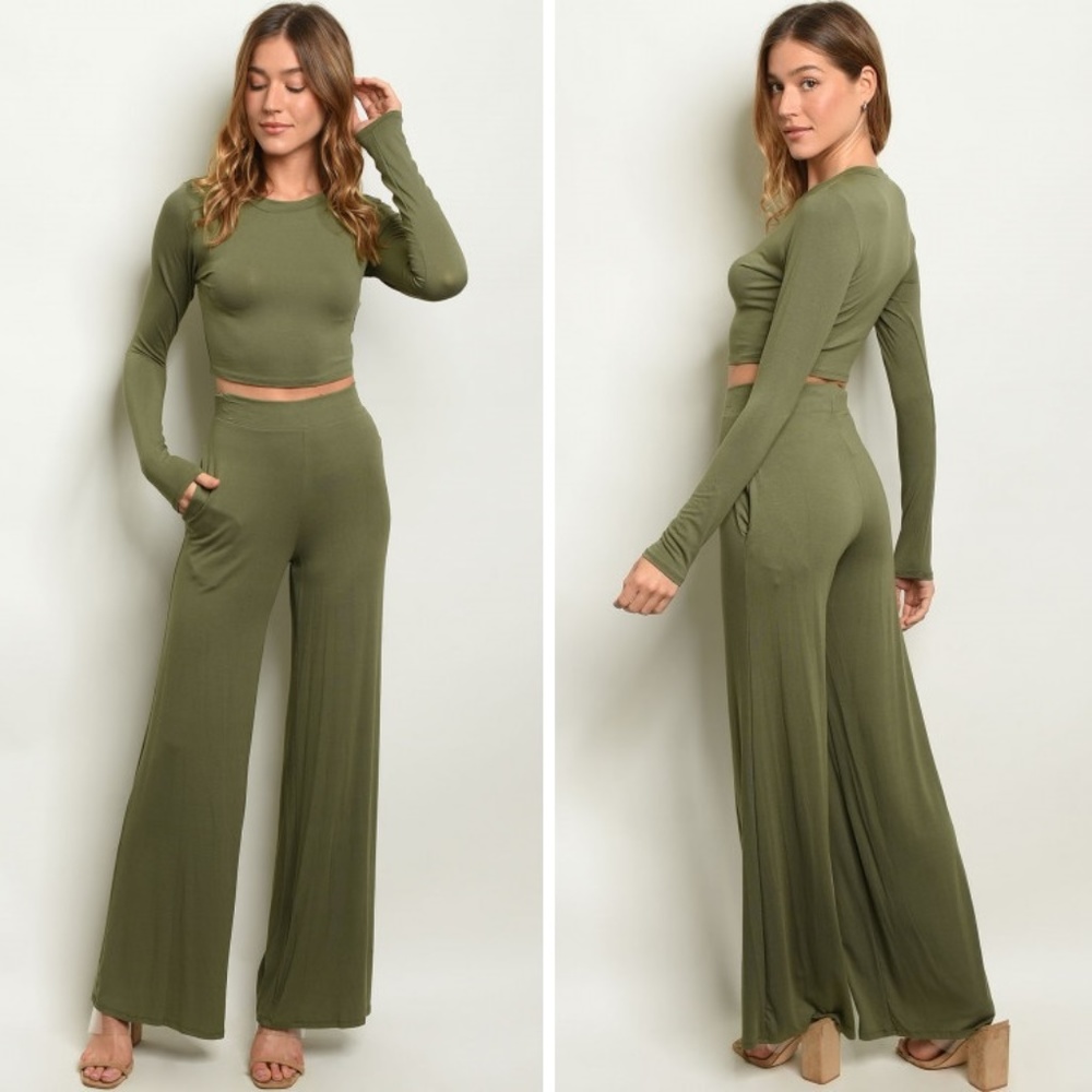 Cropped Top & High Waist Pants Set | Olive Green